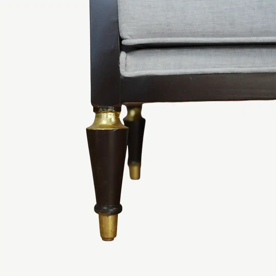 classic sofa set From dark wood frame, light gray upholstery, and decorative pillows – 5 Pieces - Image 17