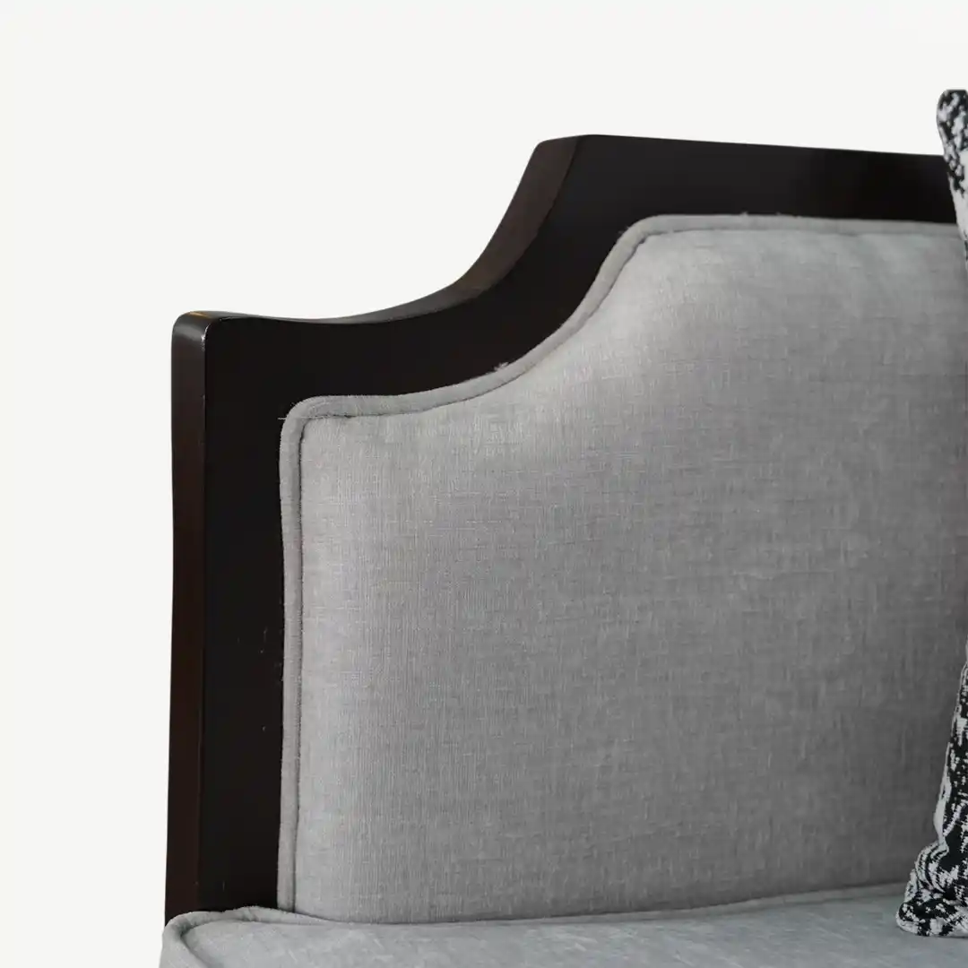 classic sofa set From dark wood frame, light gray upholstery, and decorative pillows – 5 Pieces - Image 18