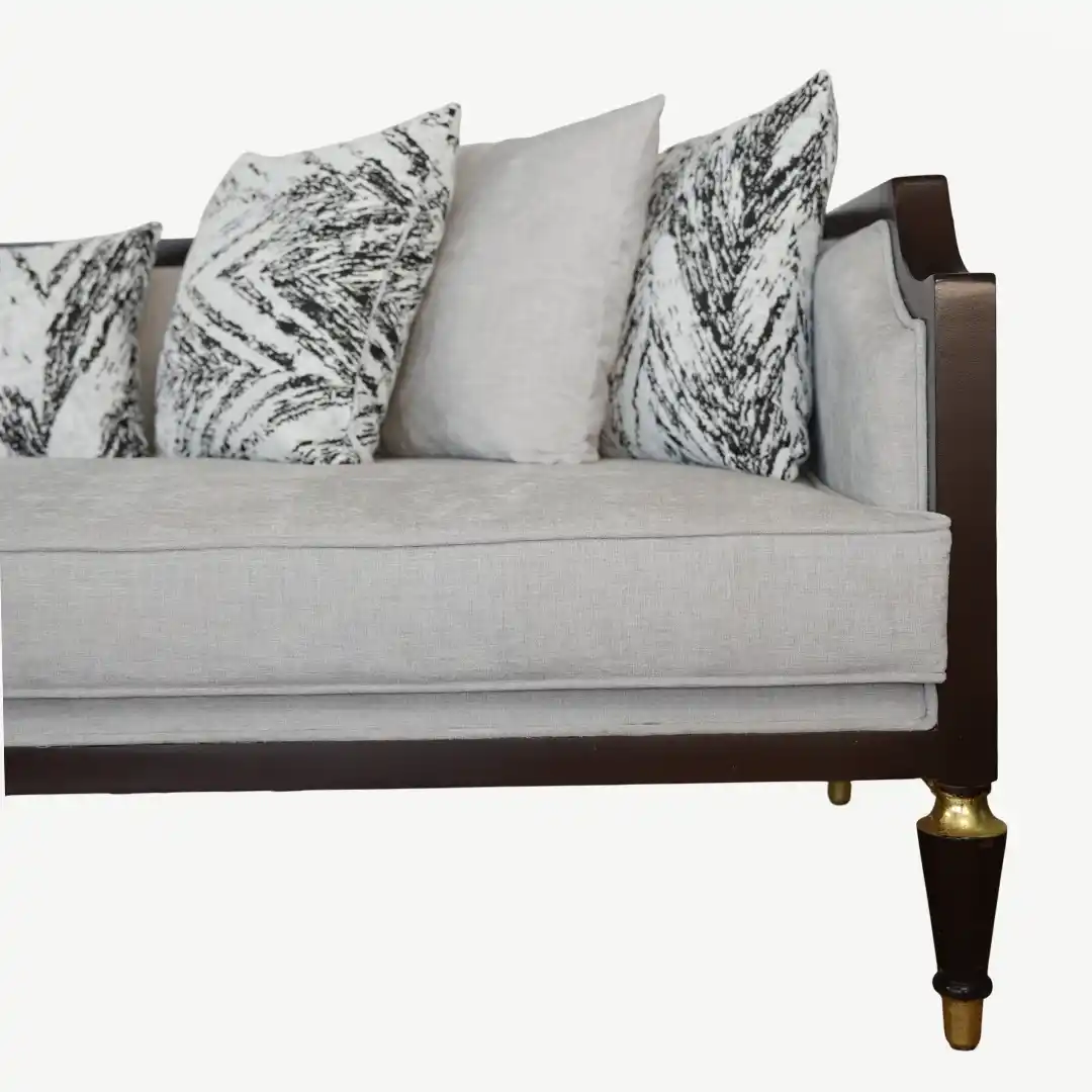 classic sofa set From dark wood frame, light gray upholstery, and decorative pillows – 5 Pieces - Image 13