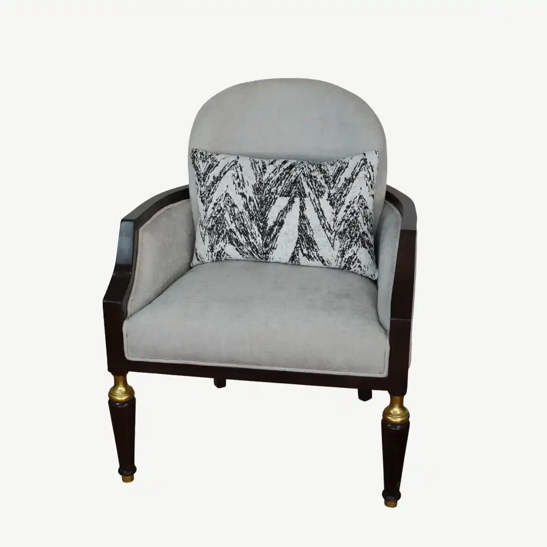 classic sofa set From dark wood frame, light gray upholstery, and decorative pillows – 5 Pieces - Image 6