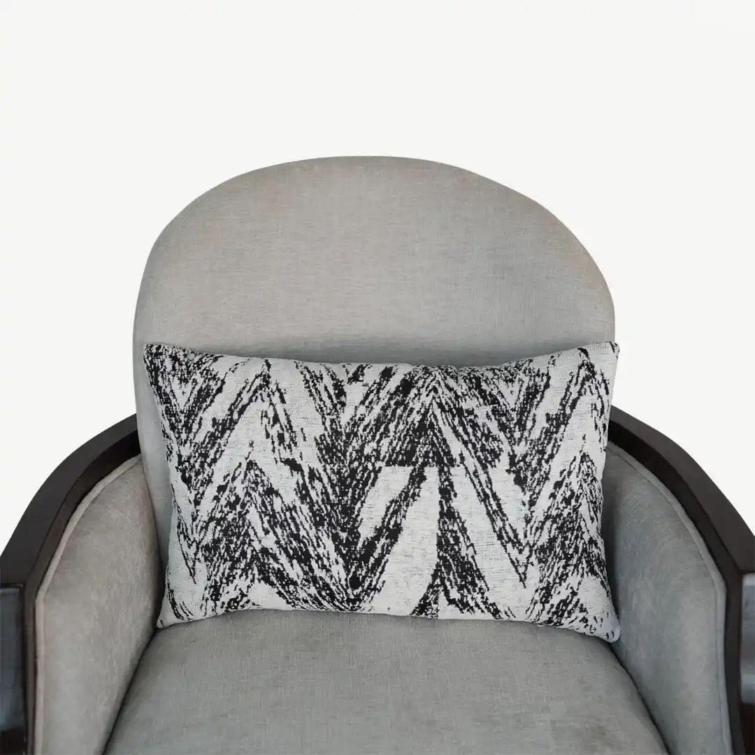 classic sofa set From dark wood frame, light gray upholstery, and decorative pillows – 5 Pieces - Image 7