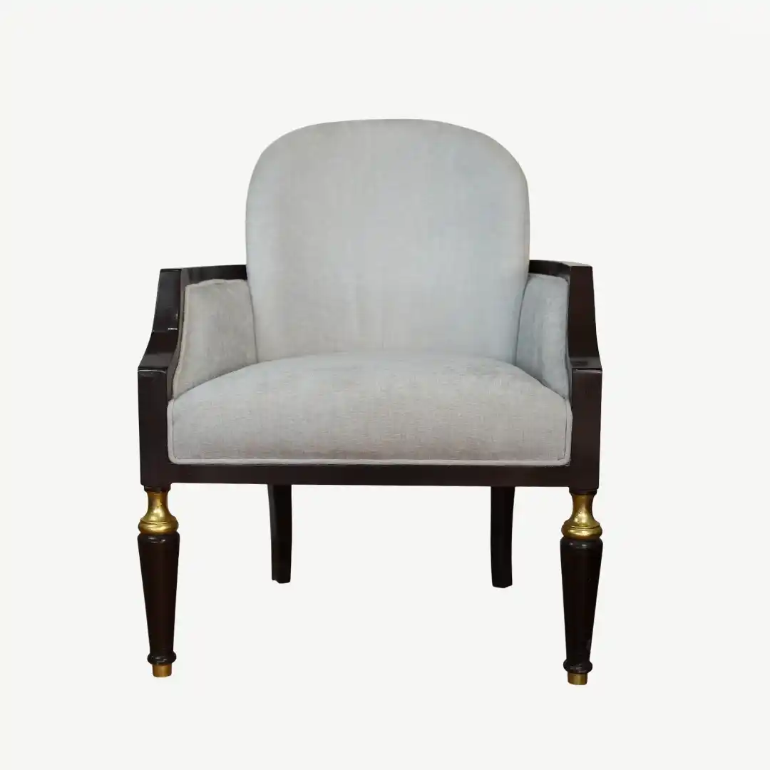 classic sofa set From dark wood frame, light gray upholstery, and decorative pillows – 5 Pieces - Image 11