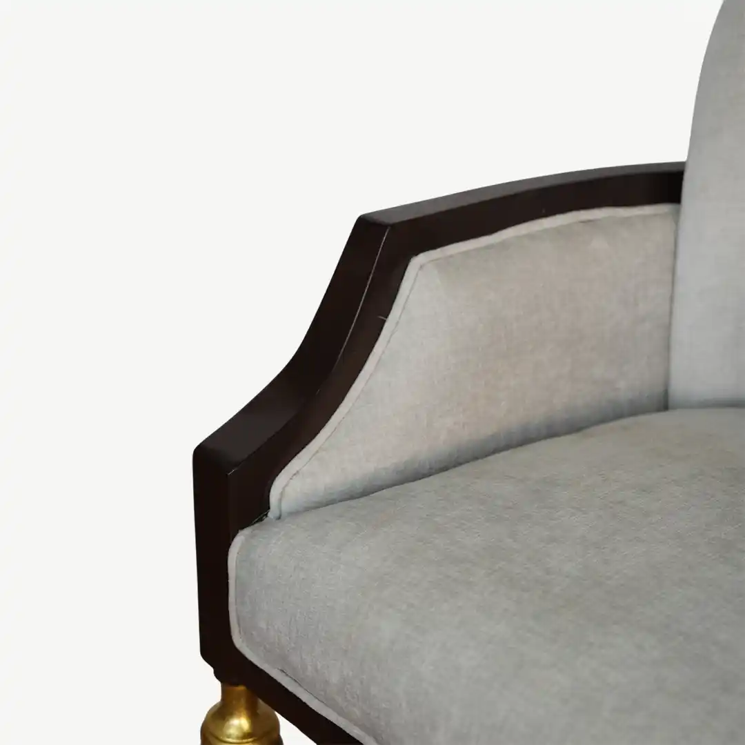 classic sofa set From dark wood frame, light gray upholstery, and decorative pillows – 5 Pieces - Image 8