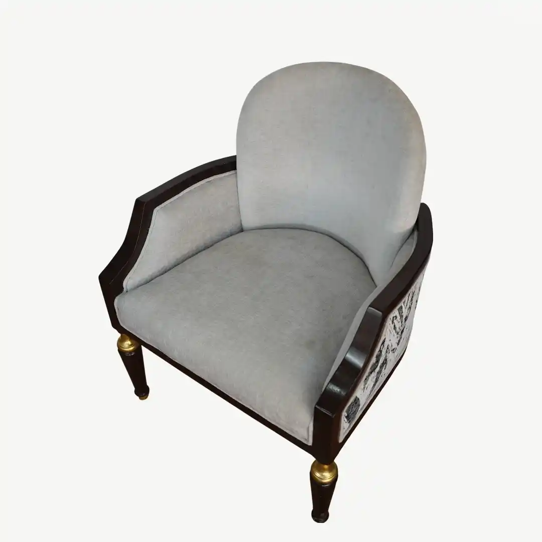 classic sofa set From dark wood frame, light gray upholstery, and decorative pillows – 5 Pieces - Image 10