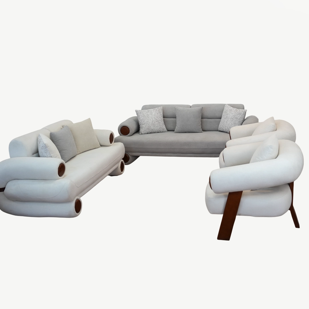 curved sofa set – plush fabric and prominent, sculptural wooden accents – 4 Pieces - Image 2