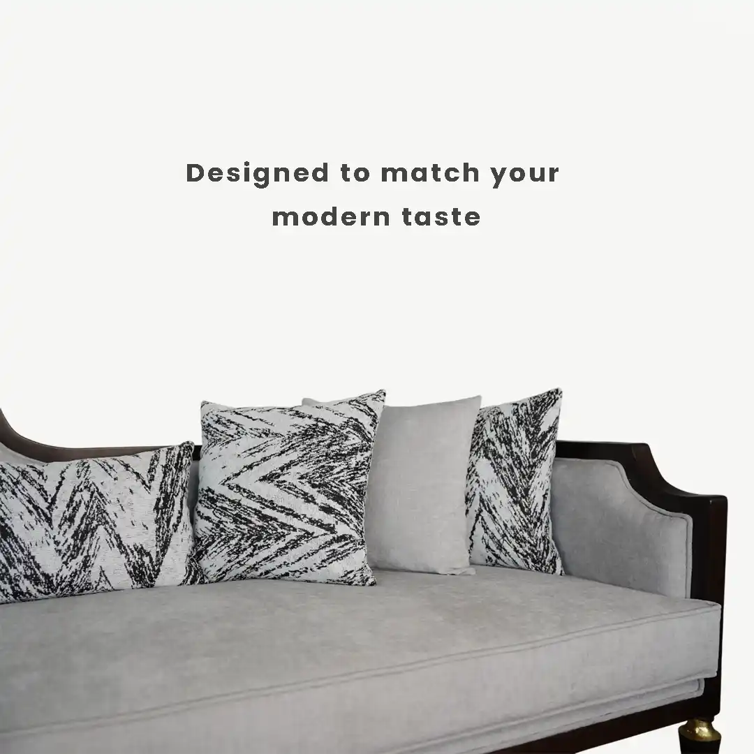 classic sofa set From dark wood frame, light gray upholstery, and decorative pillows – 5 Pieces - Image 16