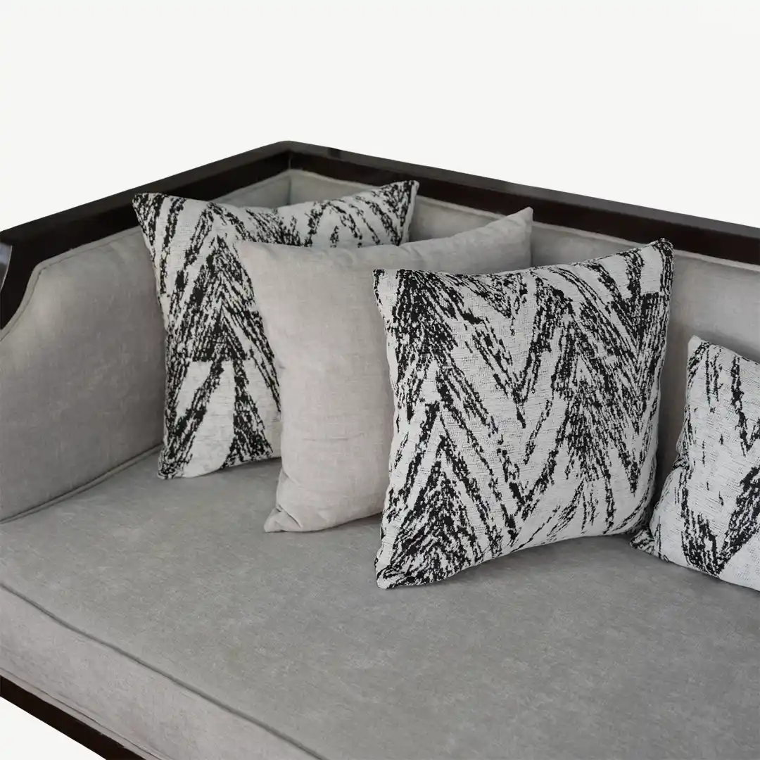 classic sofa set From dark wood frame, light gray upholstery, and decorative pillows – 5 Pieces - Image 14