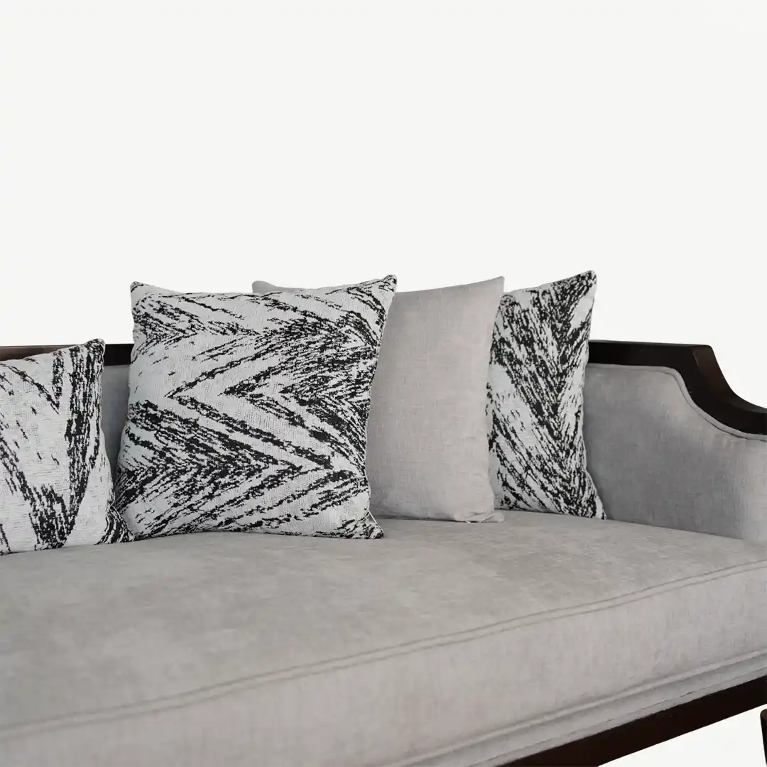 classic sofa set From dark wood frame, light gray upholstery, and decorative pillows – 5 Pieces - Image 15