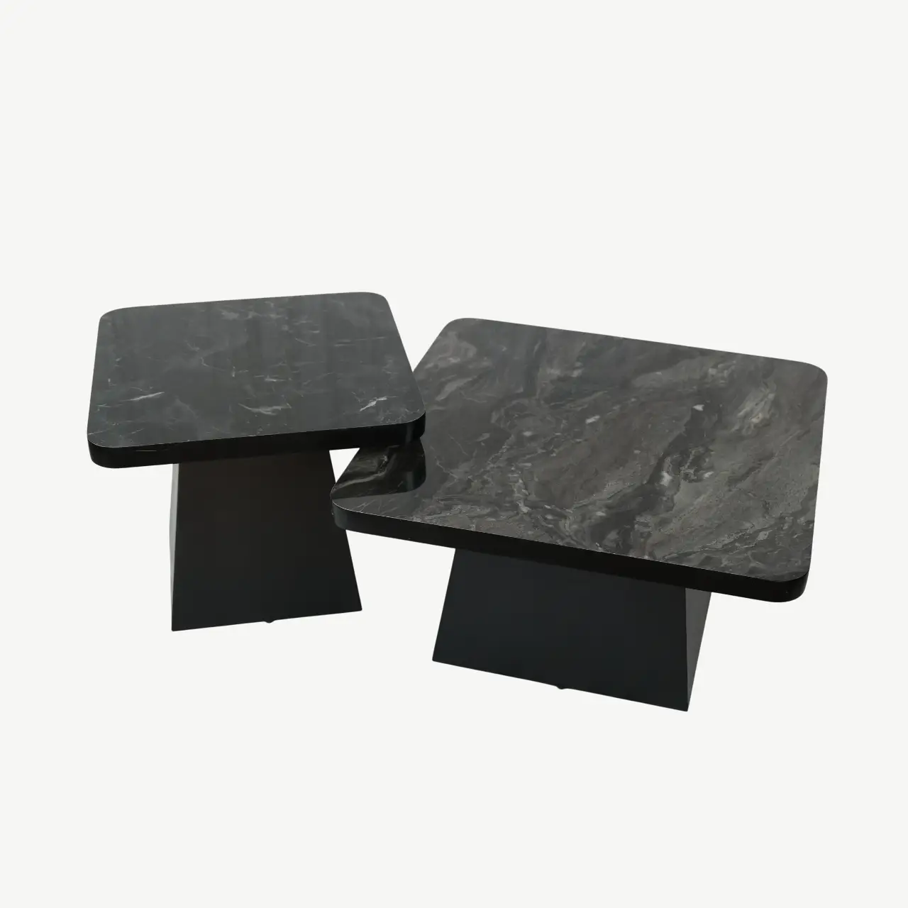 Set of 2 Square Marble-Effect Nesting Tables with Tapered Pedestal Bases - Image 2