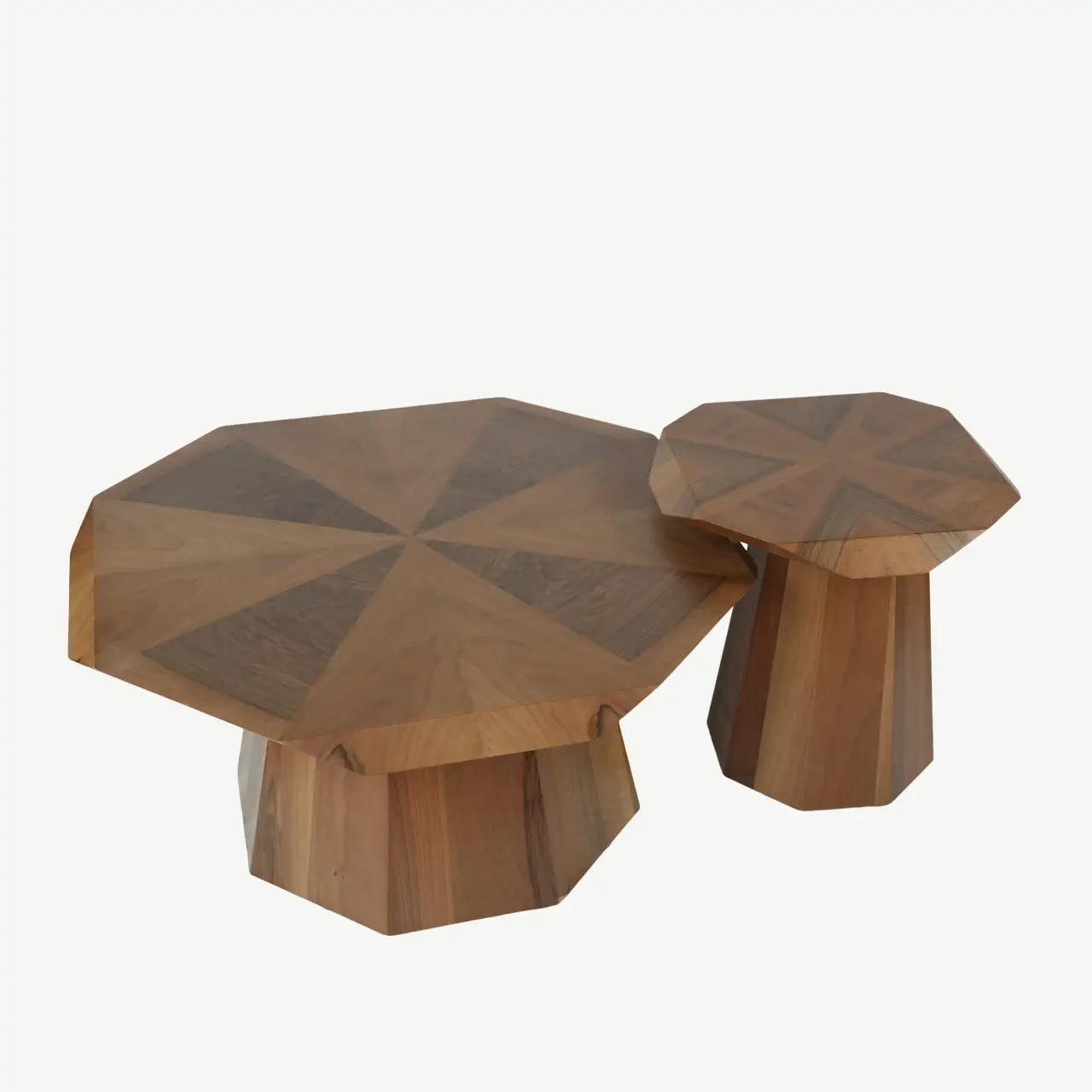 Geometric Yucca Wood Table Set with Ribbed Column Bases - Image 7