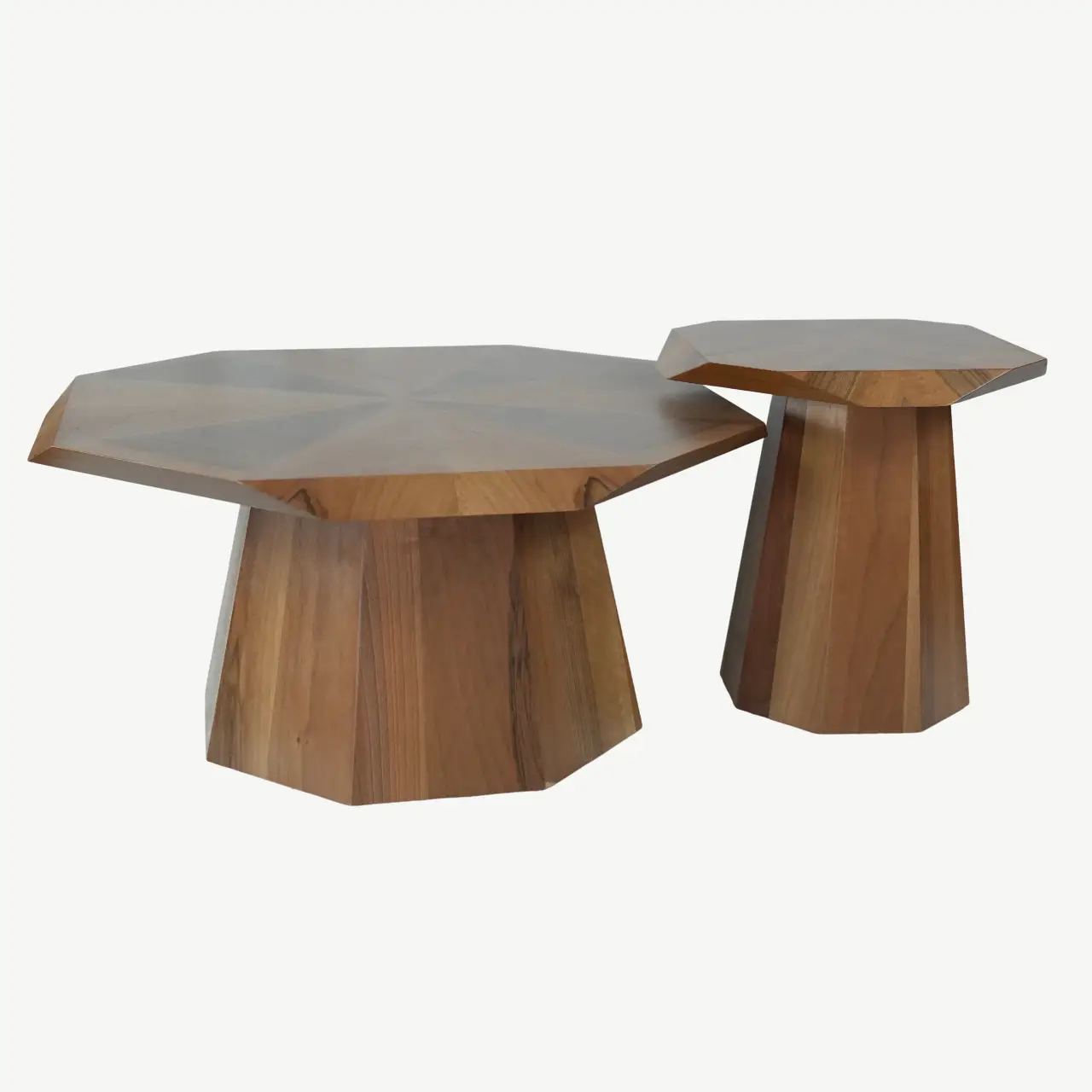 Geometric Yucca Wood Table Set with Ribbed Column Bases - Image 2
