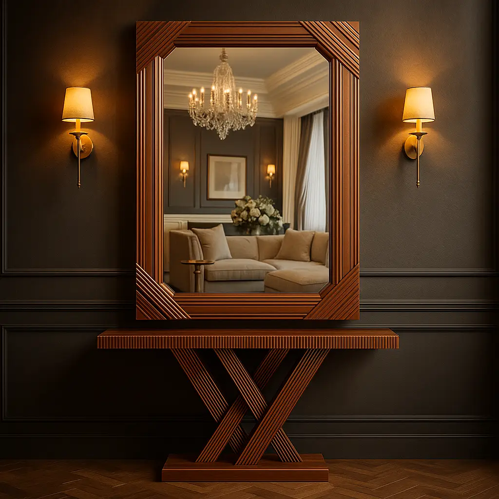 Copper-Toned Wood Console and Mirror Set