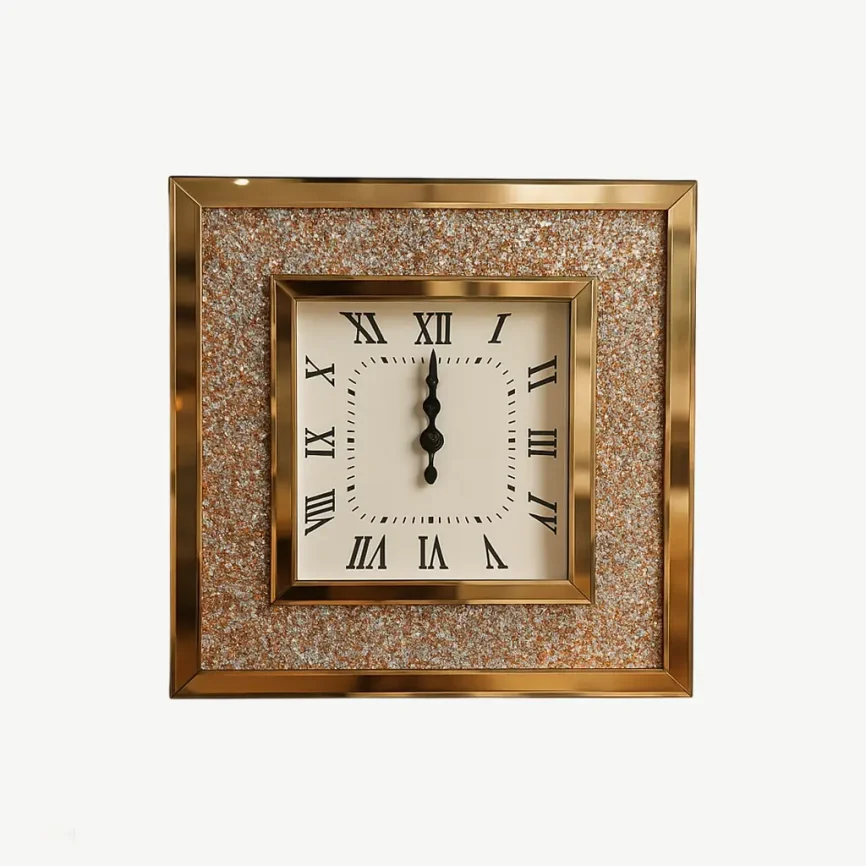 Large Square Mirrored Wall Clock with Rhinestone and Crushed Crystal Inlay (60×60 cm)
