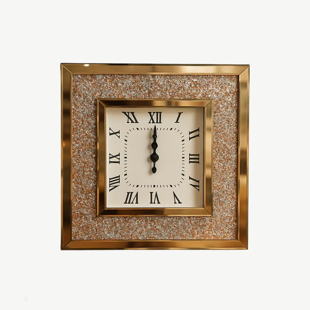 Large Square Mirrored Wall Clock with Rhinestone and Crushed Crystal Inlay (60×60 cm)