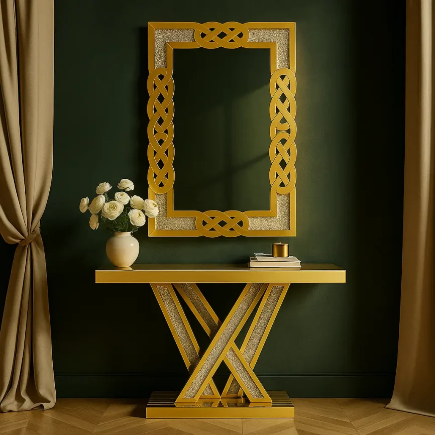 gold-finished Silvestre console table and mirror set with a crushed crystal effect