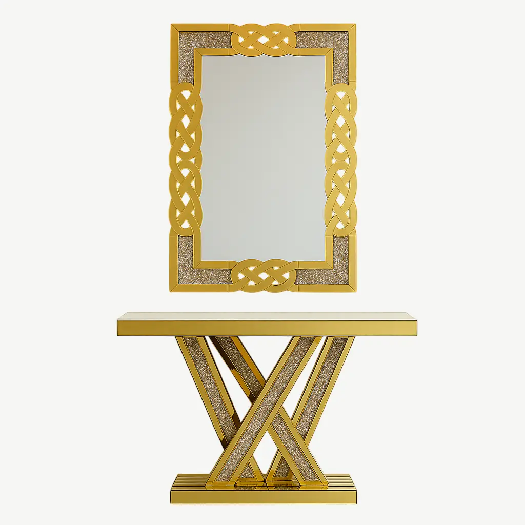gold-finished Silvestre console table and mirror set with a crushed crystal effect